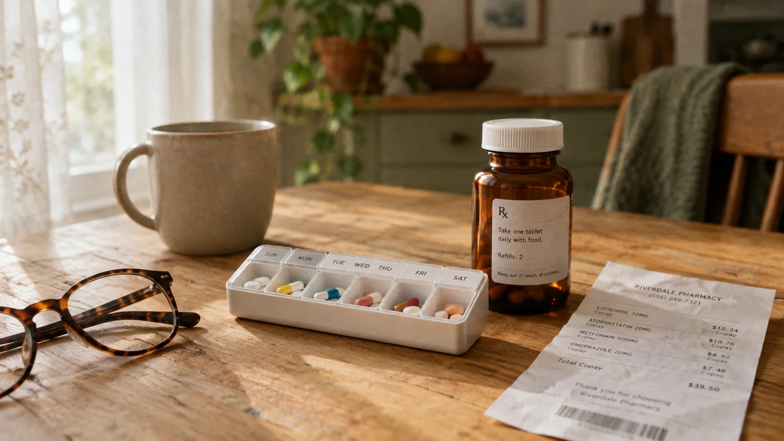 Pill organizer, amber prescription bottle, pharmacy receipt, eyeglasses, and coffee mug on a rustic wooden table.