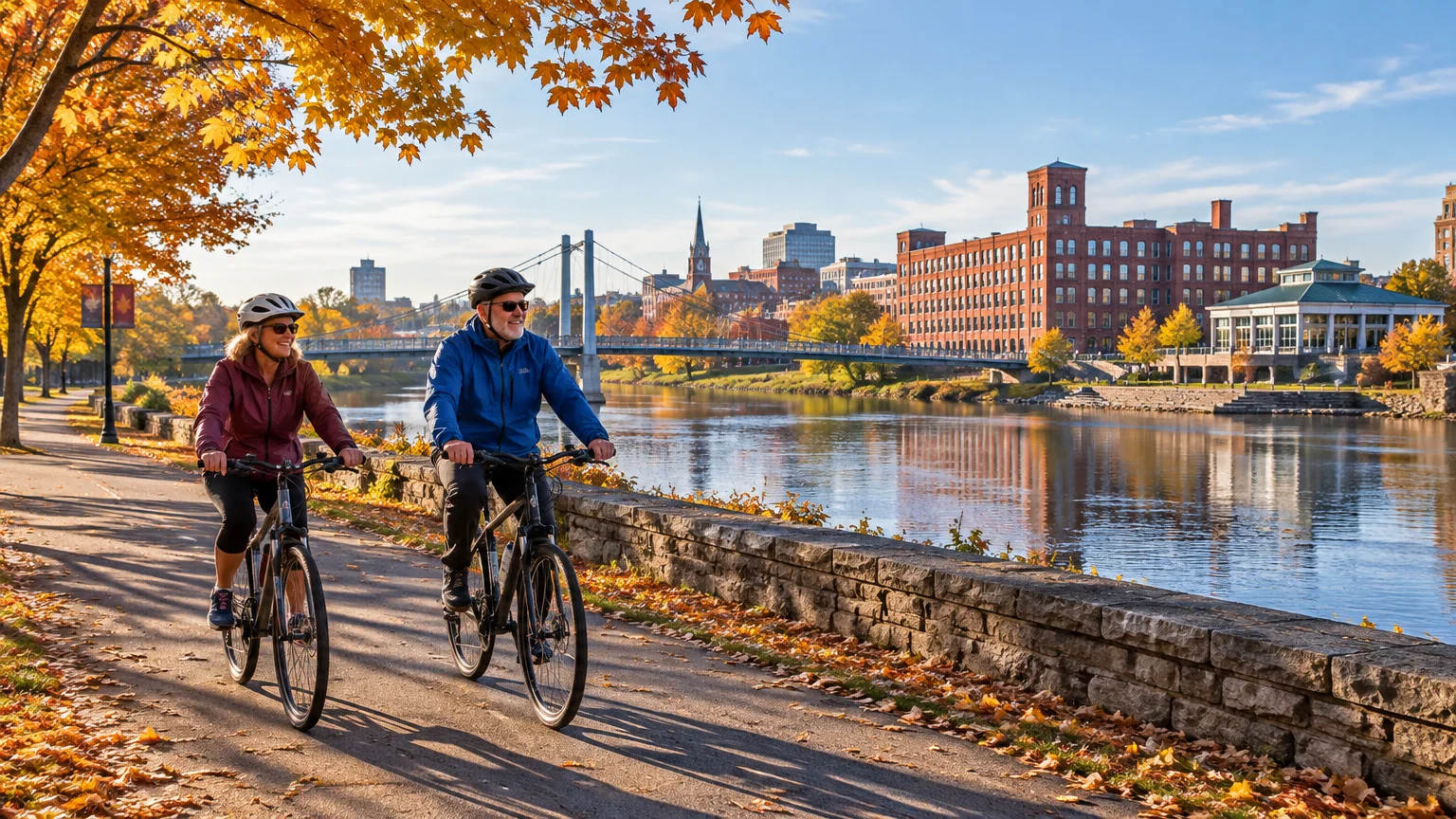 An older couple wearing helmets rides bicycles along a paved riverside path lined with autumn trees and brick buildings.