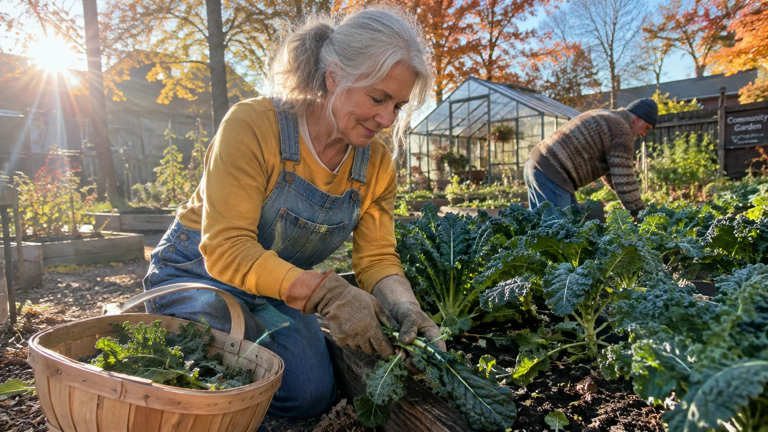 An older woman harvests leafy kale in a sunny community garden bed alongside a man working near a greenhouse.