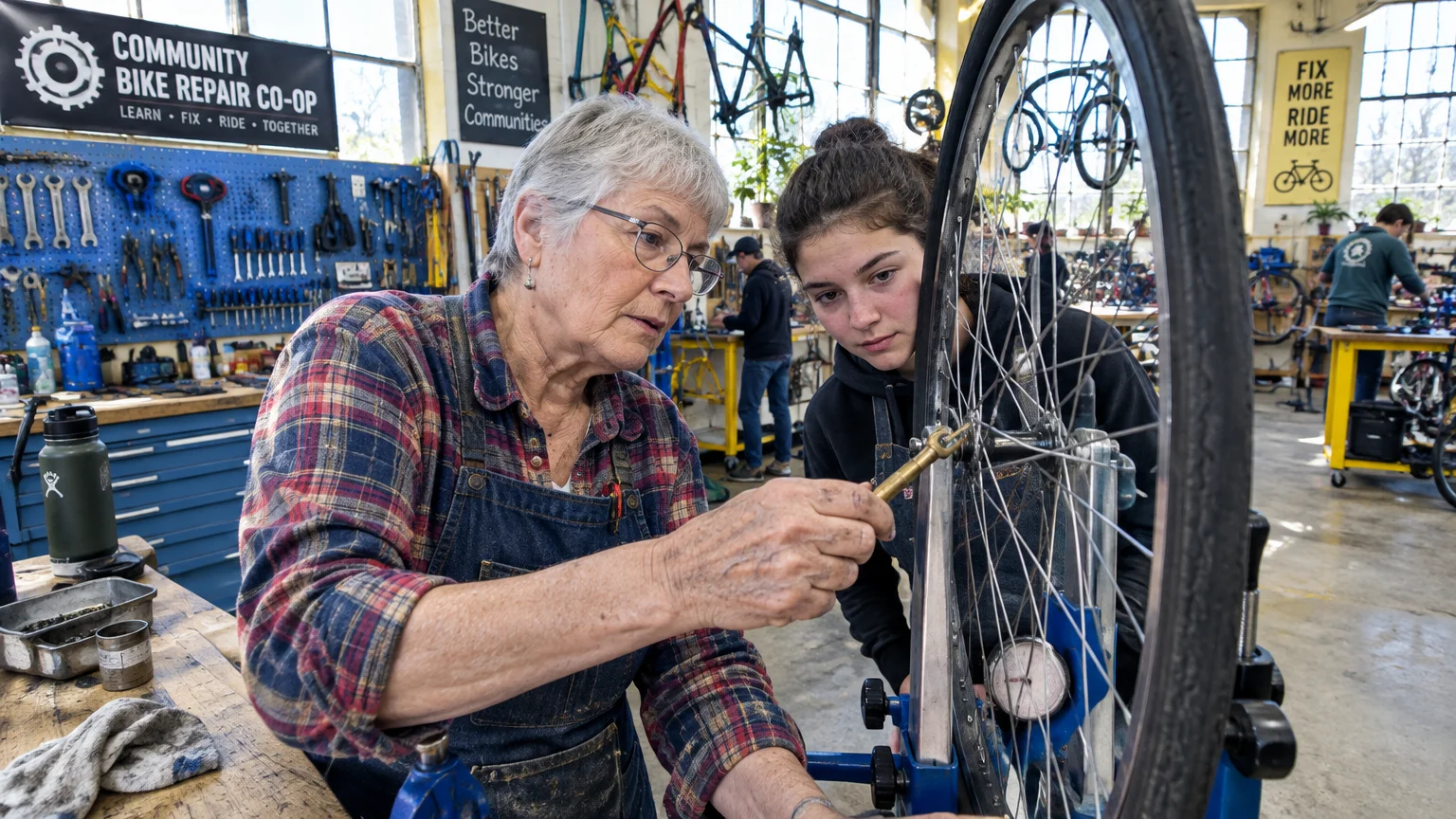 Older woman teaching a younger woman how to adjust spokes on a bicycle wheel inside a repair workshop.
