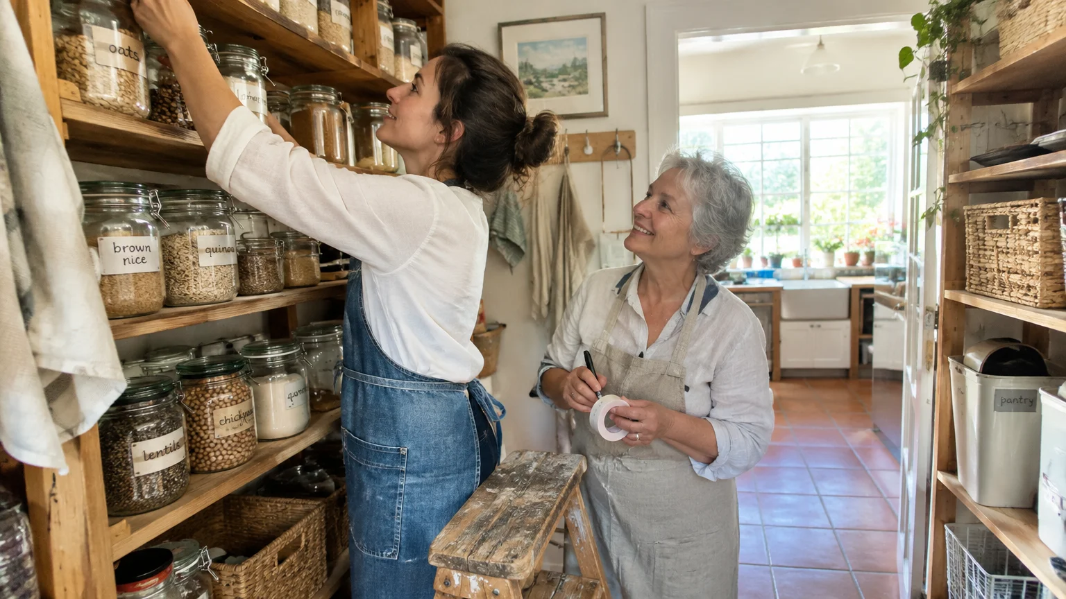 Two women in aprons organize labelled glass jars of grains and pulses on wooden pantry shelves together.