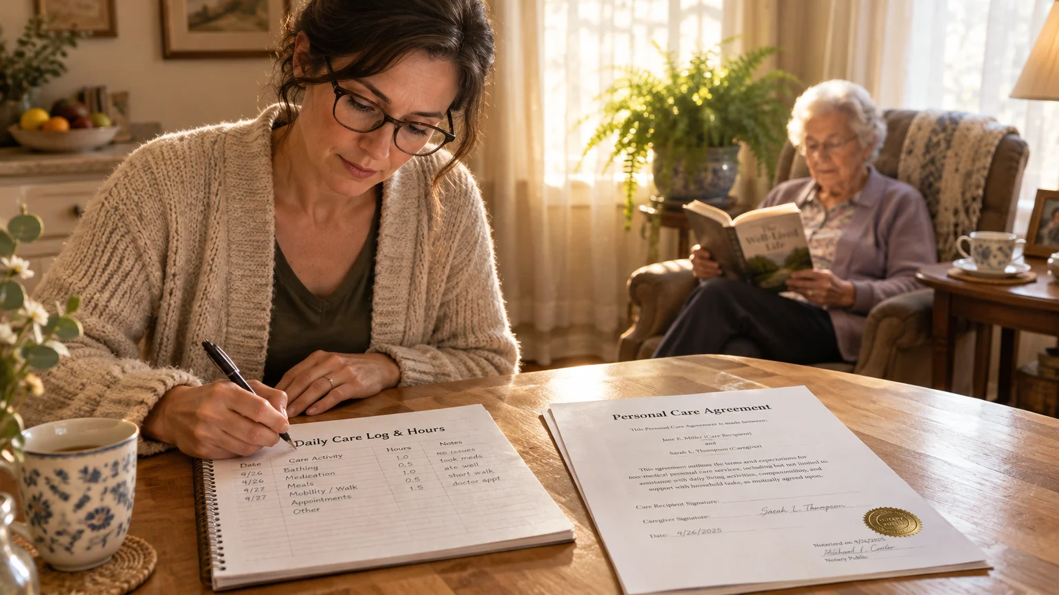 A woman writes in a daily care log beside a personal care agreement while an elderly woman reads in an armchair.