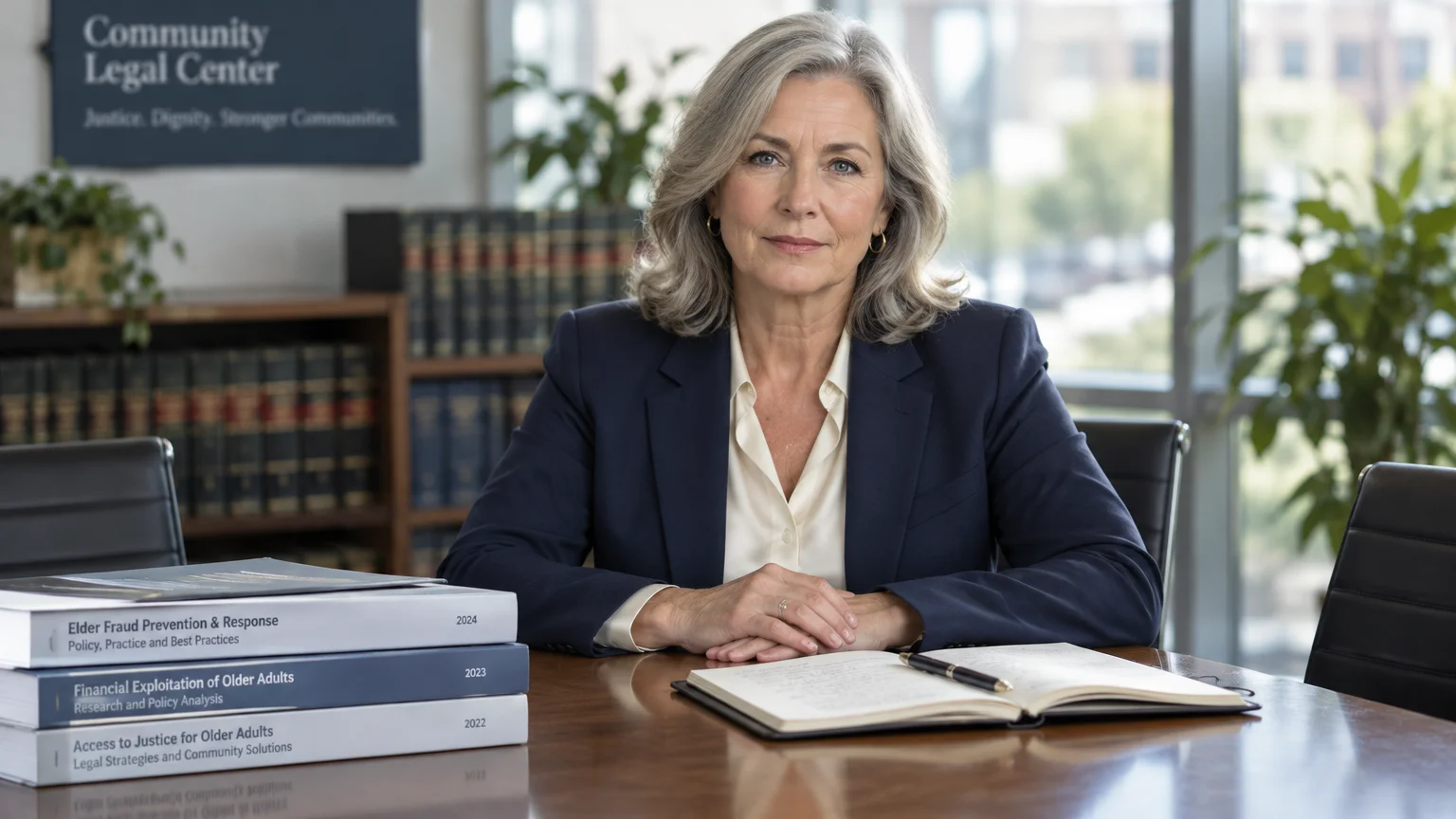 A mature woman in a navy blazer sits at a conference table with an open notebook and books on elder fraud prevention.