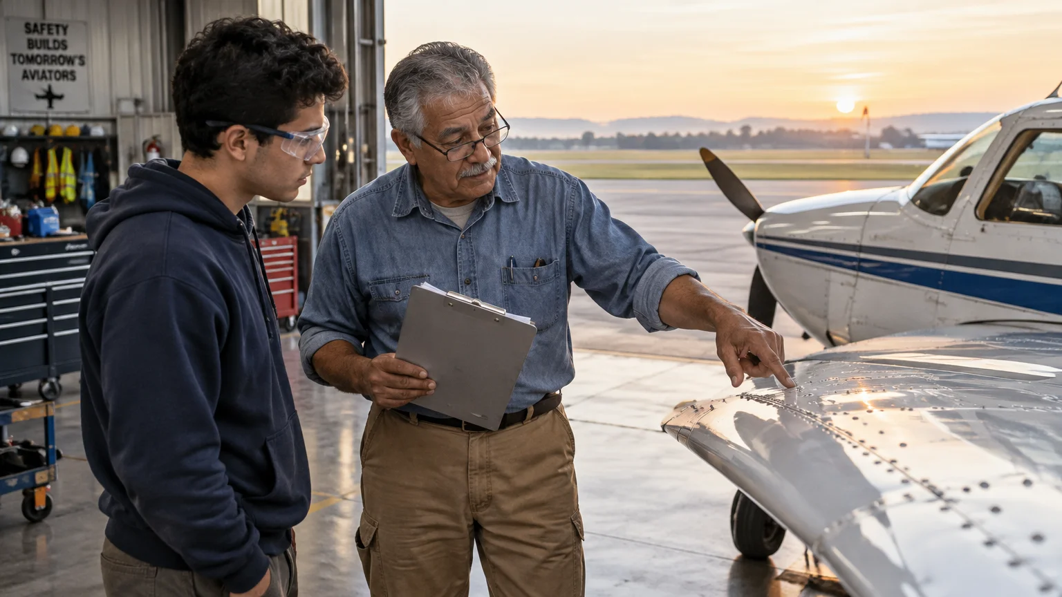 An older man holding a clipboard points at an airplane wing while mentoring a younger man in an open hangar.