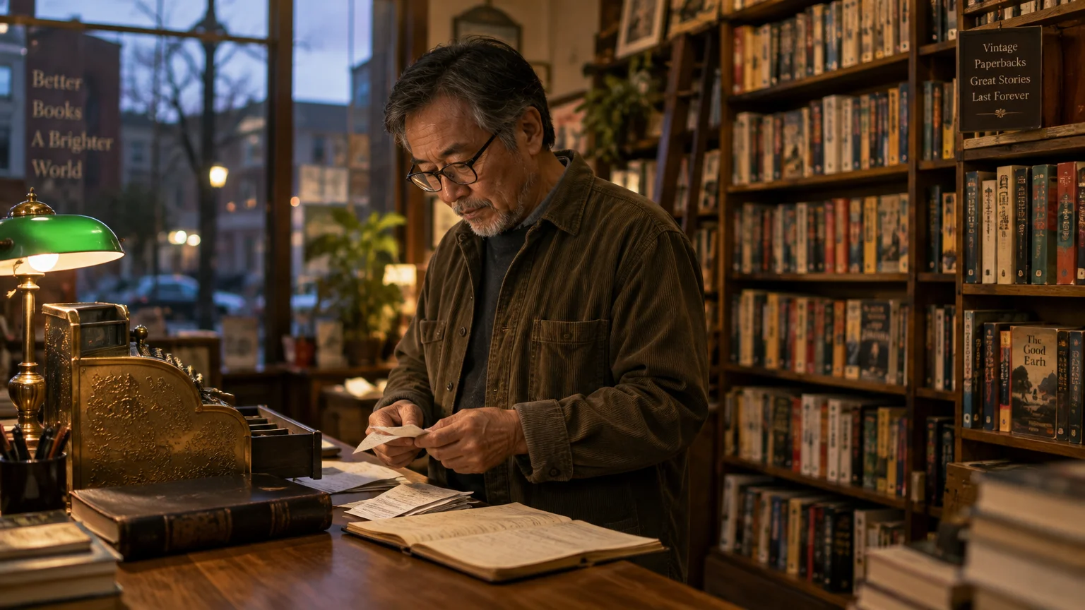 Older man with glasses reviewing papers and a ledger behind the wooden counter of a bookstore lined with bookshelves.