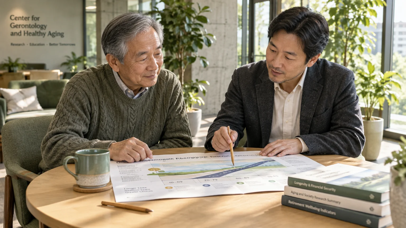 Two men seated at a round table review a printed longevity chart beside a stack of research books in a bright office.
