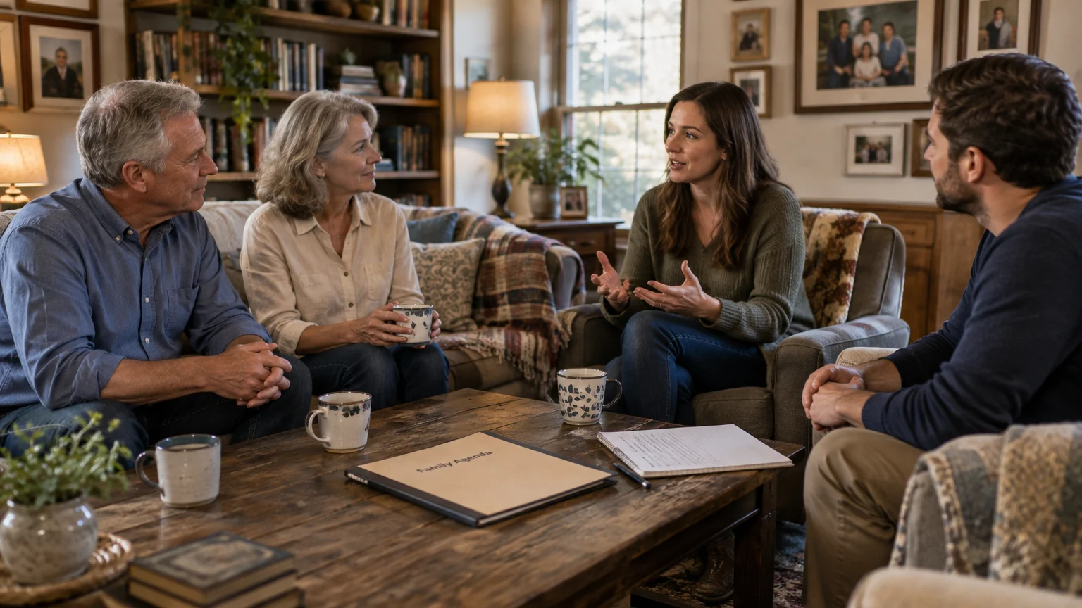 Four family members sit around a coffee table with mugs, a notepad, and a folder labeled Family Agenda, talking together.