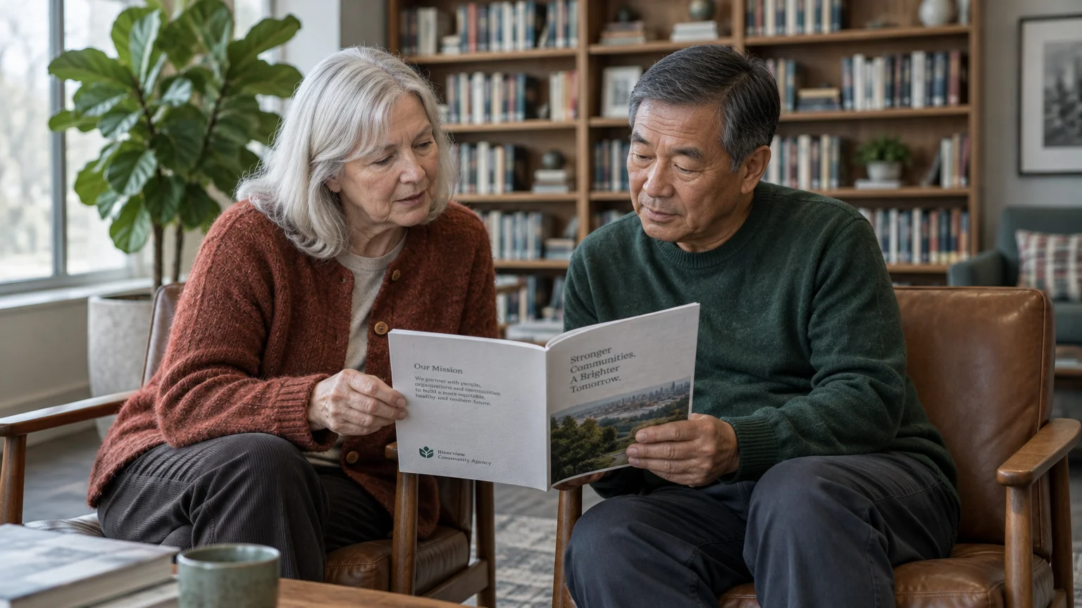 Senior couple sitting in armchairs reading an open brochure together in a room with bookshelves.