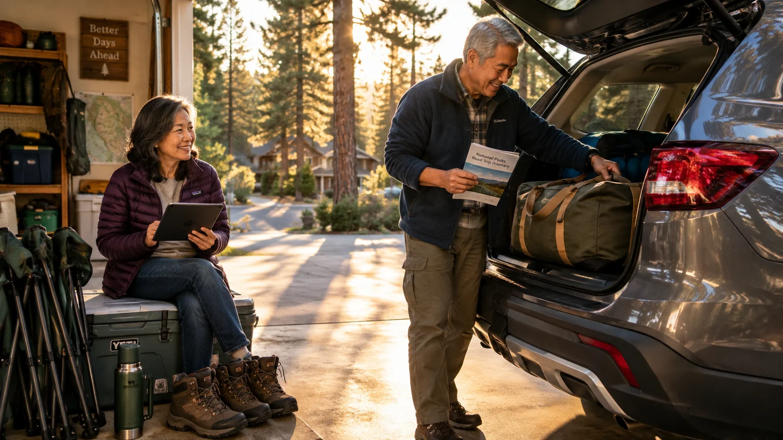 Senior couple packing travel bags into the back of an SUV outside a garage in a forested neighborhood.