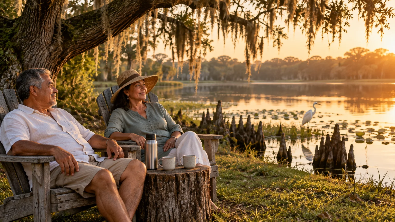 A mature couple relaxes in wooden chairs by a lake beneath mossy trees at sunset, with an egret standing near the water.