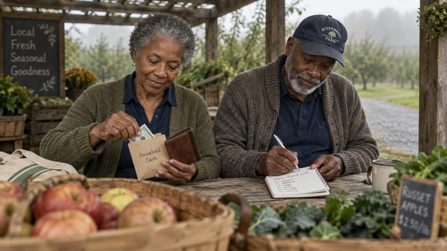 An older couple sitting at a wooden farm stand table, with the woman holding cash and the man writing in a notebook.