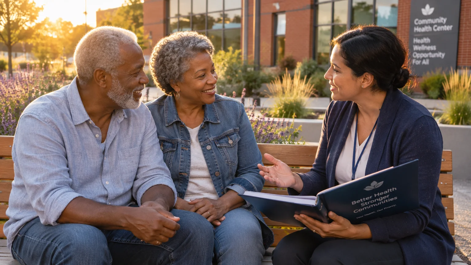 A woman holding a binder speaks with an older couple seated on a wooden bench outside a community health center.