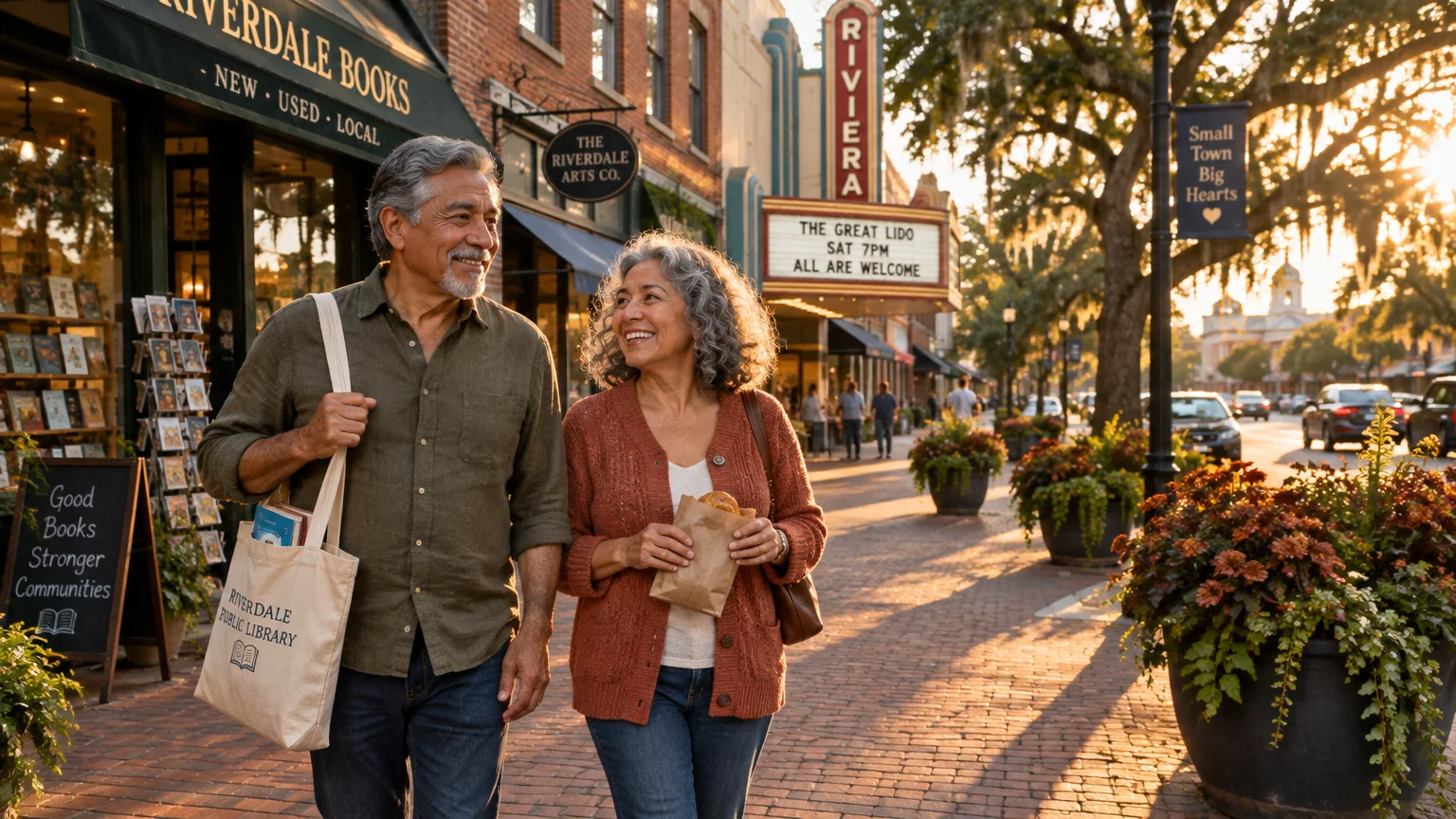 An older couple smiles while walking along a sunlit brick sidewalk past local shops and a vintage movie theater.