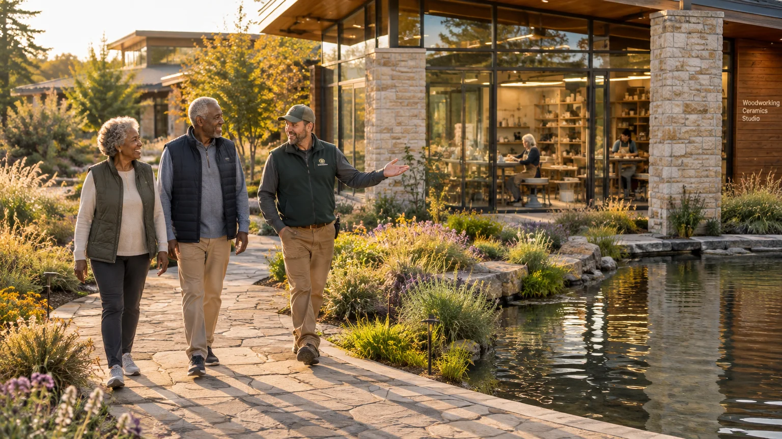 A staff member leads a senior couple along a stone path beside a pond outside a modern ceramics studio building.