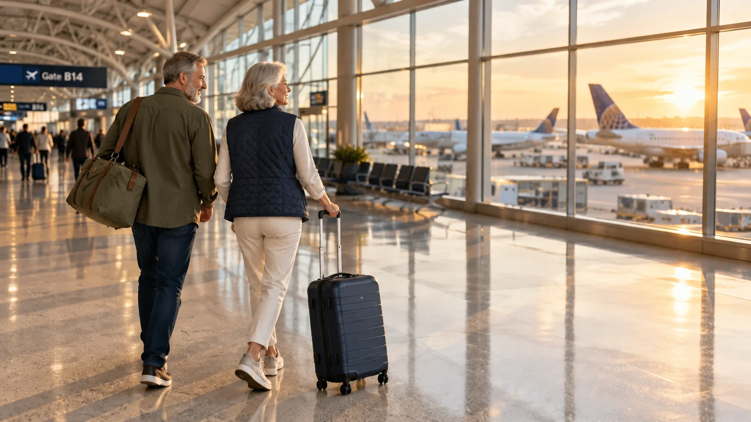 Senior couple walking with luggage through a sunlit airport terminal with airplanes visible outside.