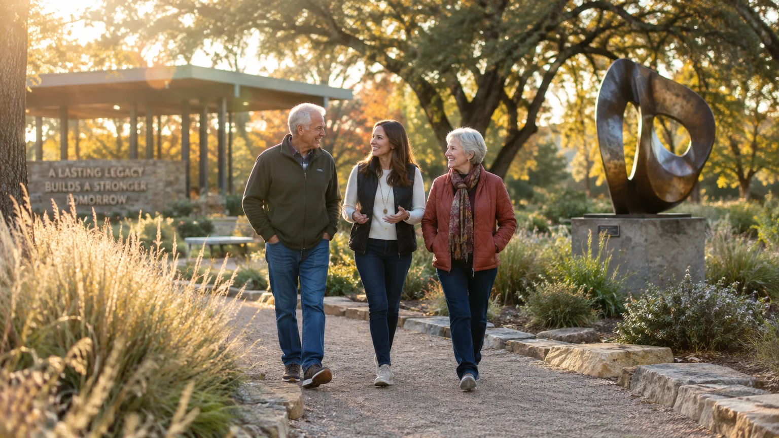 Three people walking along a gravel path in an autumn park near a modern sculpture and pavilion.
