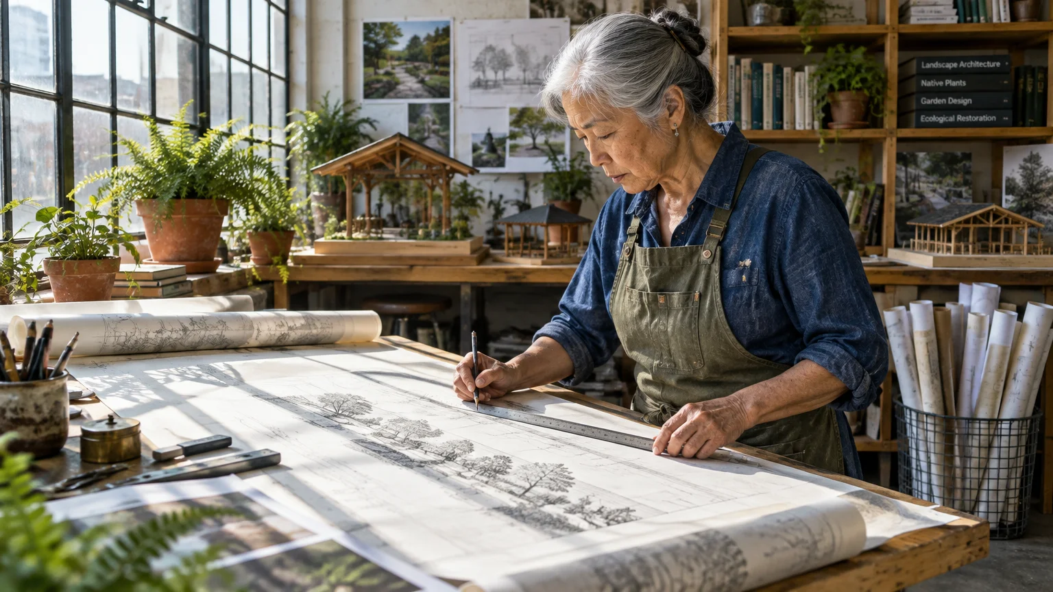 Older Asian woman wearing an apron drawing architectural landscape sketches with a ruler at a wooden workshop desk.