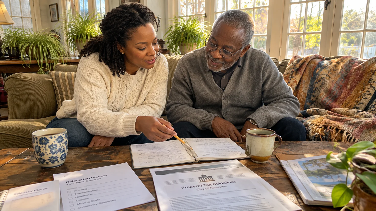 A woman and an older man sit on a couch reviewing paperwork and tax documents spread across a coffee table.