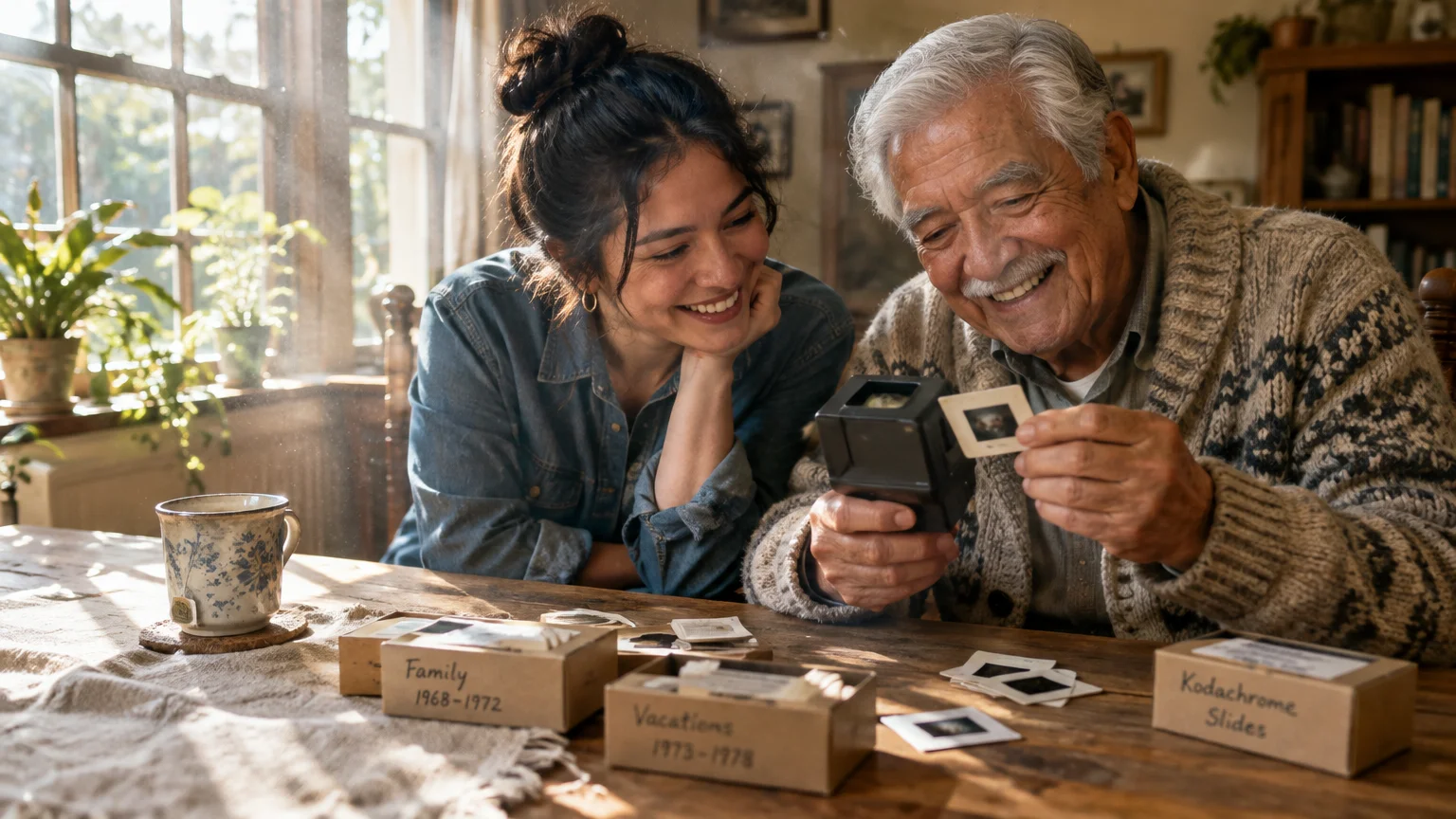 A smiling young woman and older man sit at a wooden table viewing vintage photo slides with a small viewer.