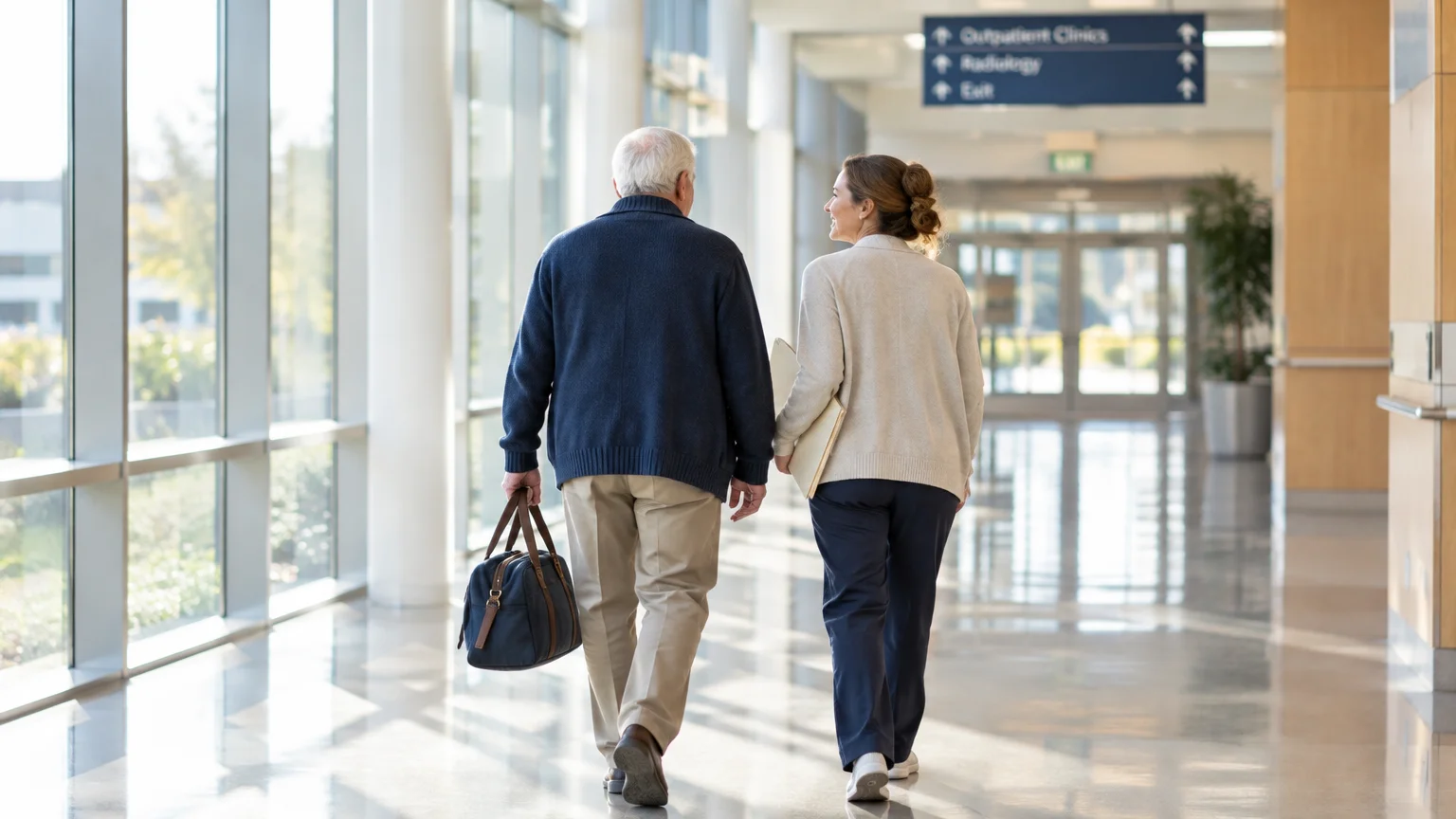 An older man carrying a duffel bag walks down a sunlit hospital corridor alongside a woman carrying a folder.