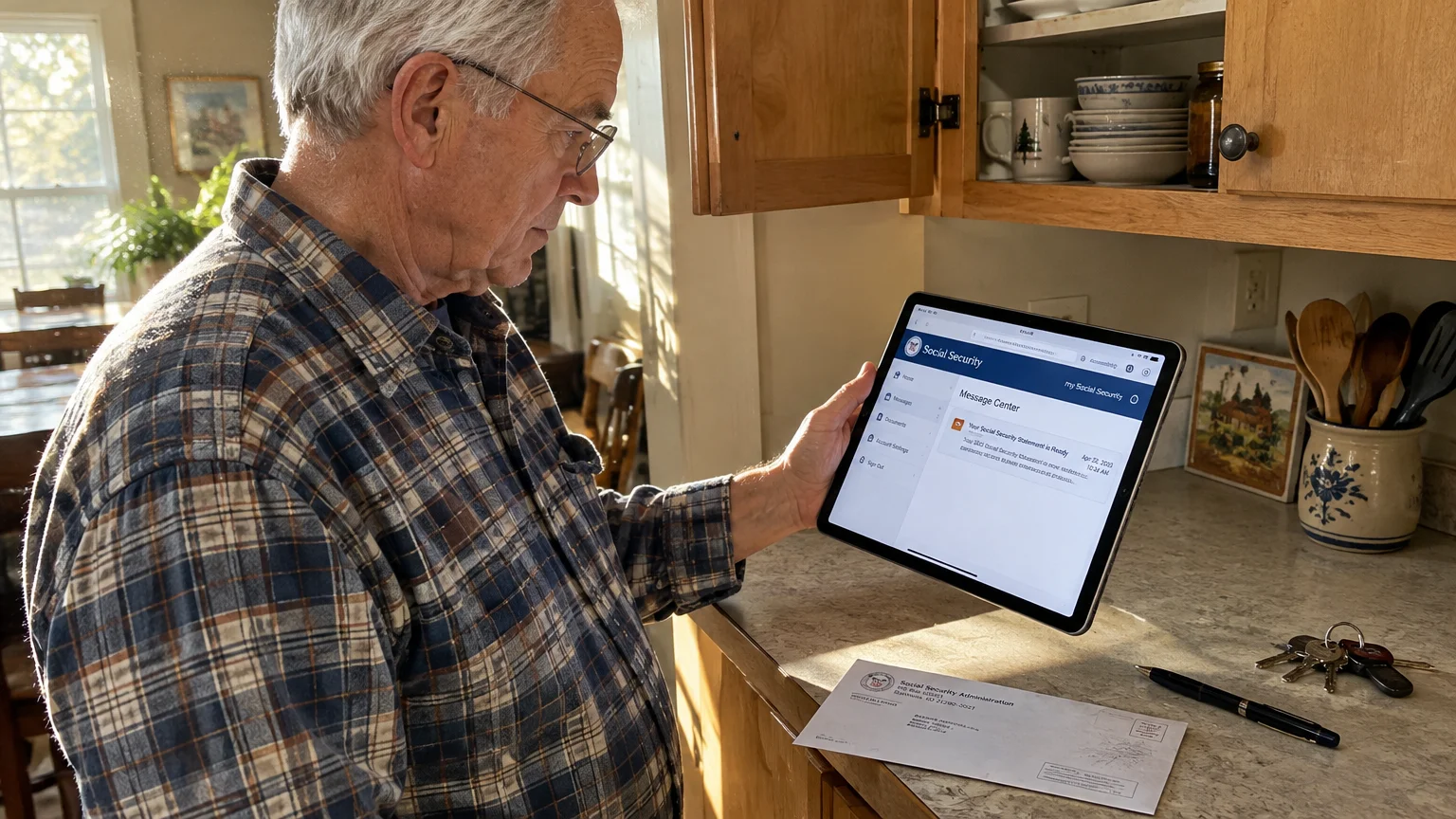 A senior man holding a tablet displaying a Social Security account page near an envelope on a kitchen counter.