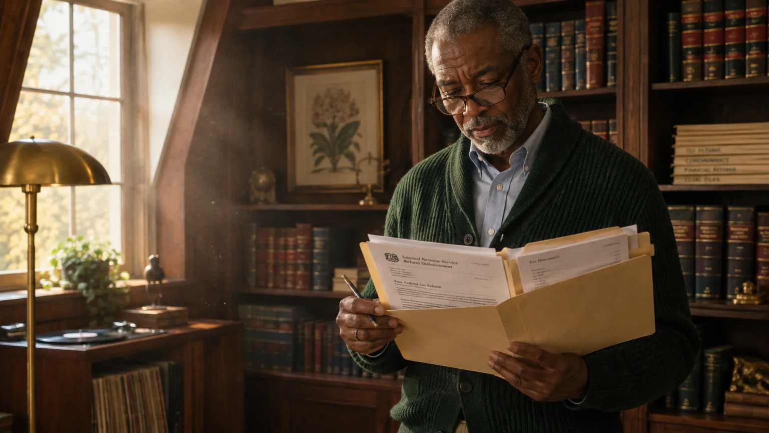 Senior man wearing glasses and a green cardigan reviews documents inside a manila folder in a home library.