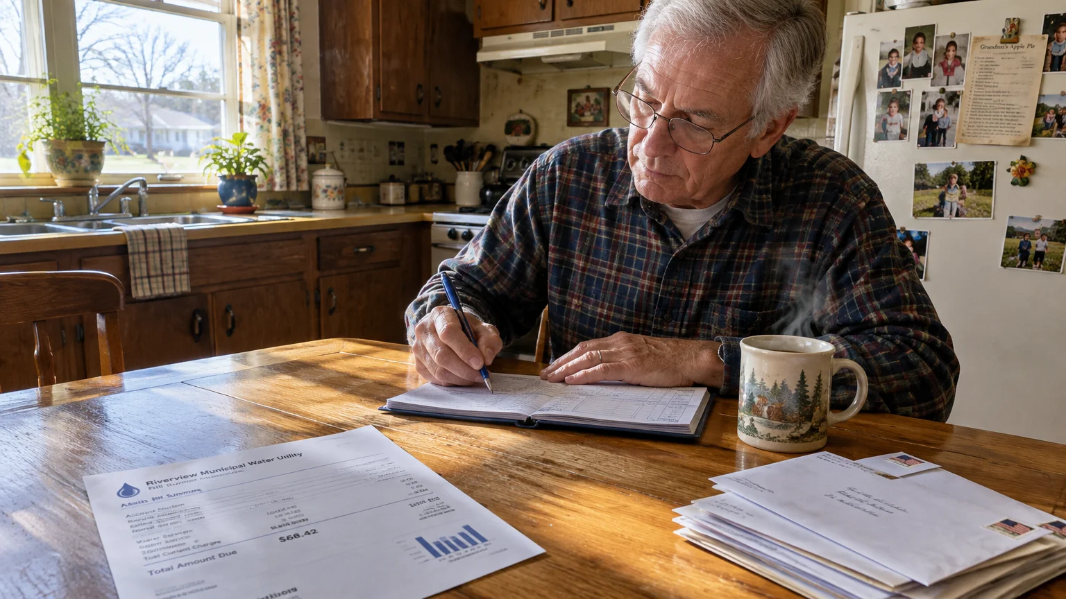 An older man wearing glasses and a plaid shirt sits at a kitchen table writing in a checkbook ledger beside bills.