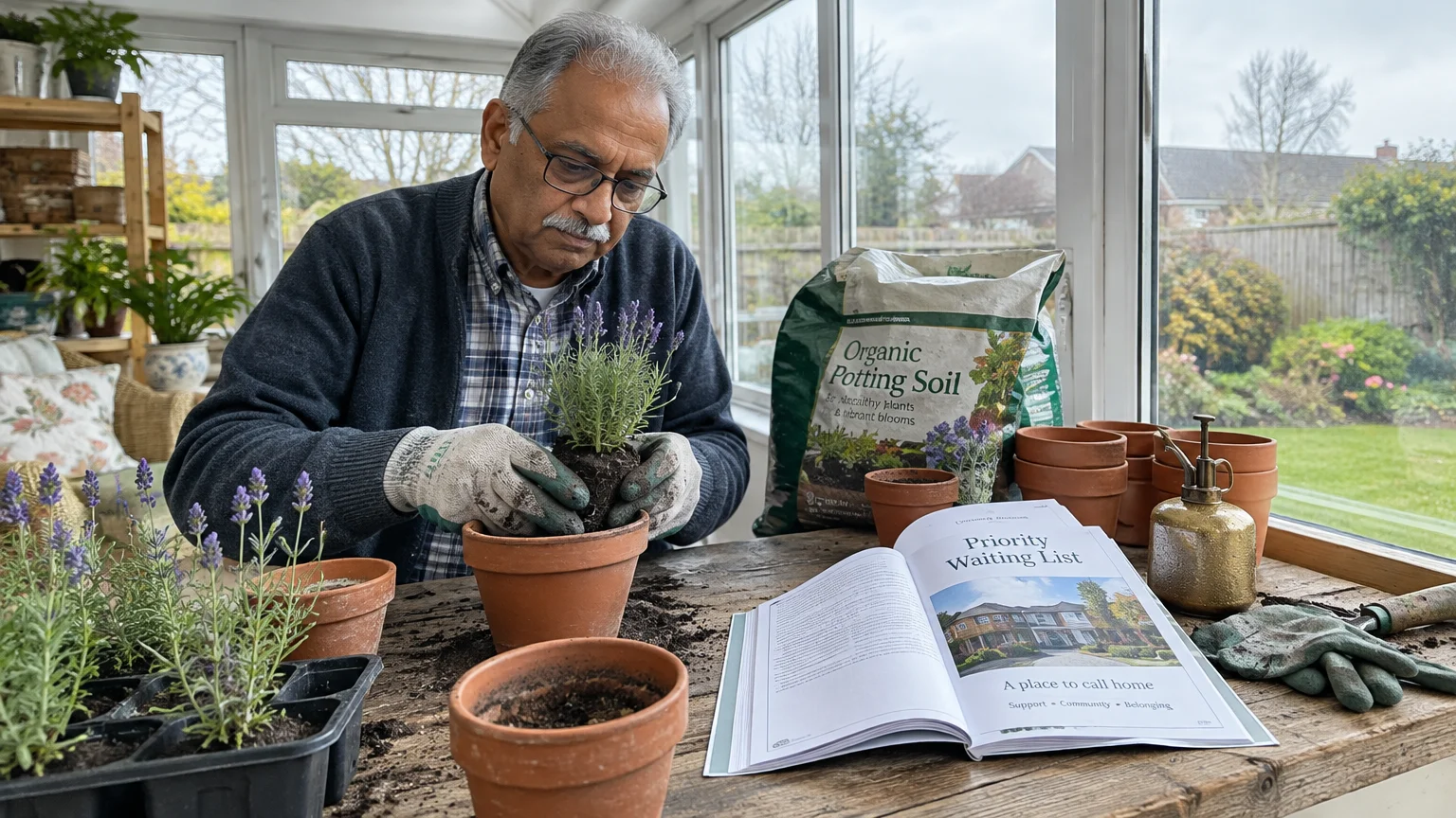 A man pots lavender plants in a sunroom beside a brochure titled Priority Waiting List.