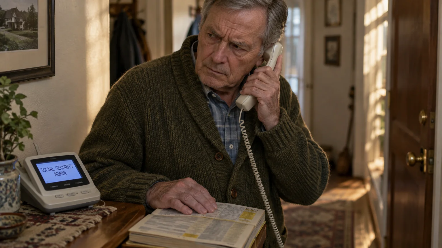 An older man holding a landline telephone handset looks concerned beside a caller ID showing Social Security Admin.