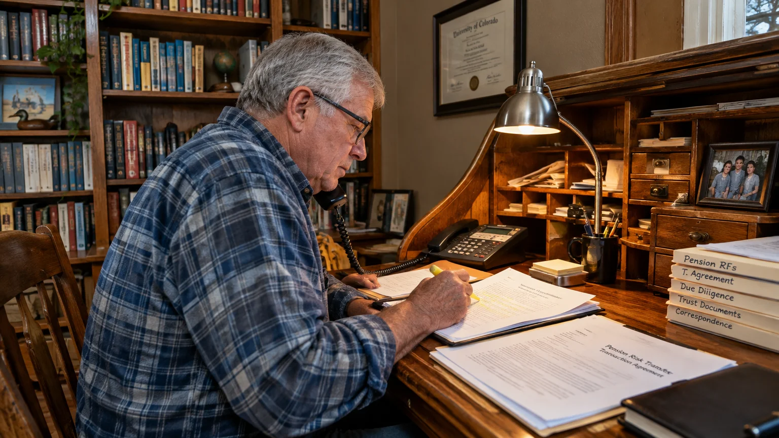 An older man talks on the phone while reviewing papers with a yellow highlighter at a wooden rolltop desk.