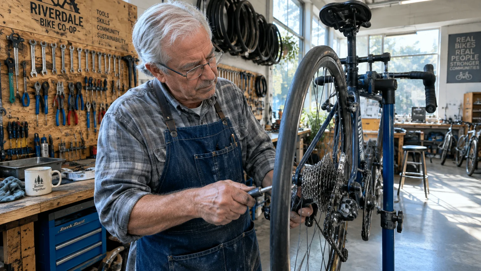 An older man wearing glasses and an apron repairs a bicycle wheel in a sunlit bike co-op workshop.