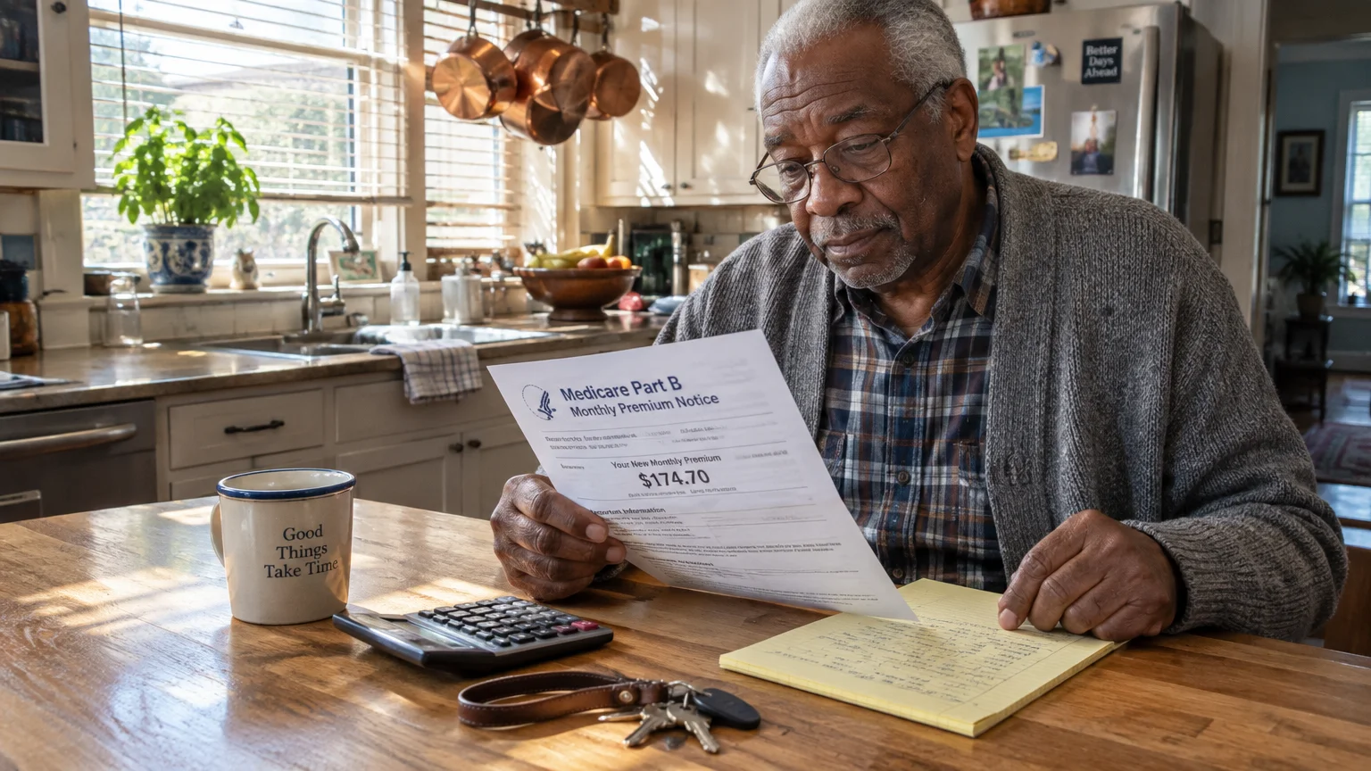 Older man seated at a kitchen table reviewing a Medicare Part B monthly premium notice beside a calculator.