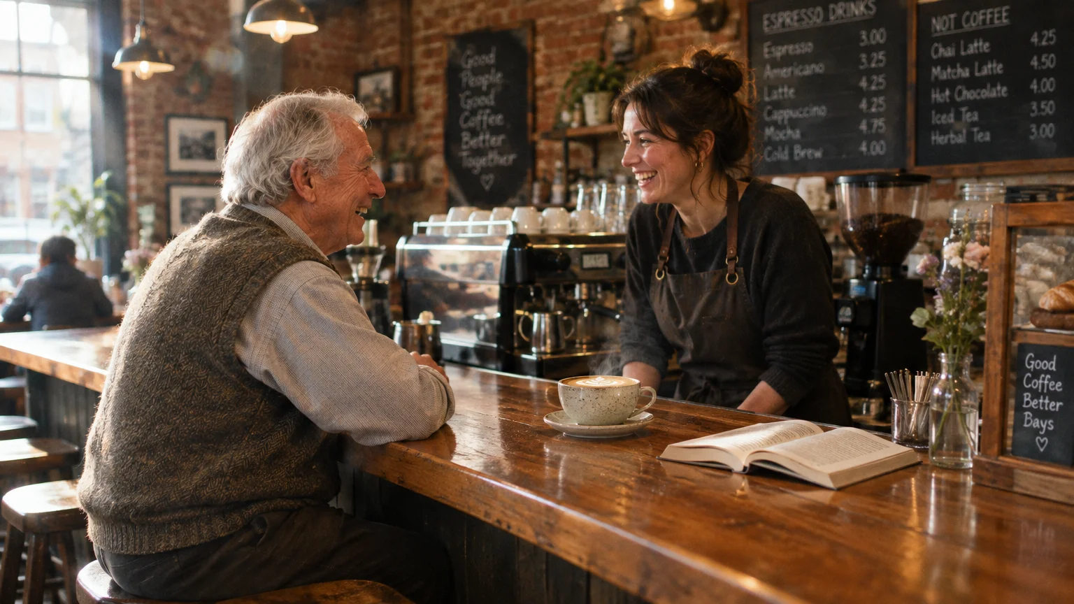 A senior man sits at a rustic wooden coffee bar laughing and chatting with a smiling female barista.