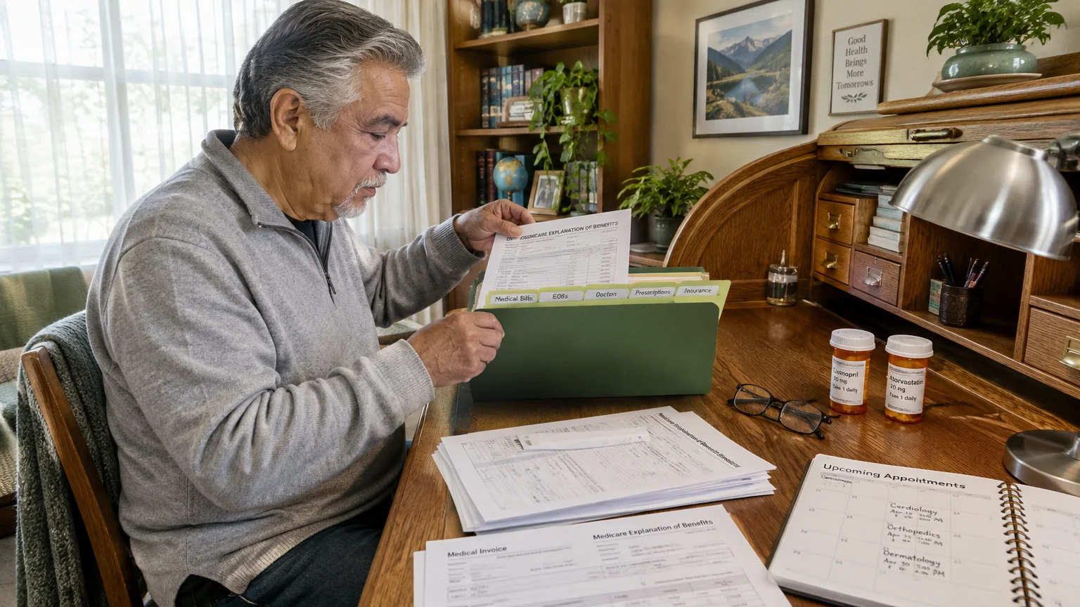 Senior man sitting at a rolltop wooden desk organizing medical bills and paperwork into a green file folder.