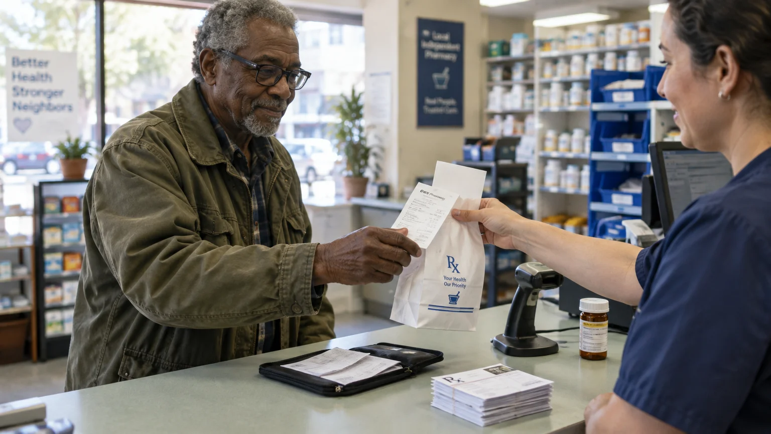 An older man in glasses at a pharmacy counter receives a prescription bag and receipt from a pharmacist.