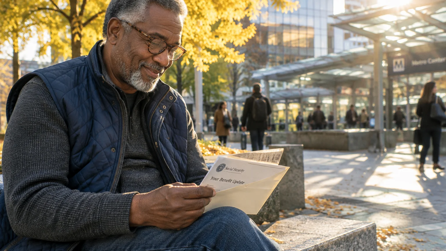 Senior man sitting on an outdoor city bench reading a Social Security benefit update letter in autumn sunlight.