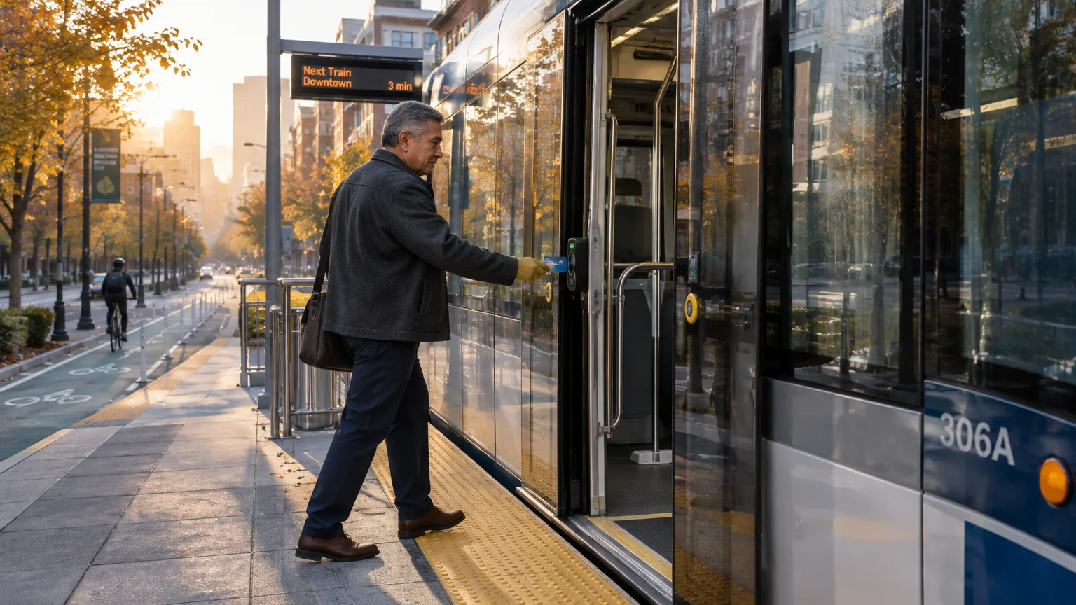 Older man tapping a fare card to board a light rail train at an outdoor city transit station in morning sunlight.