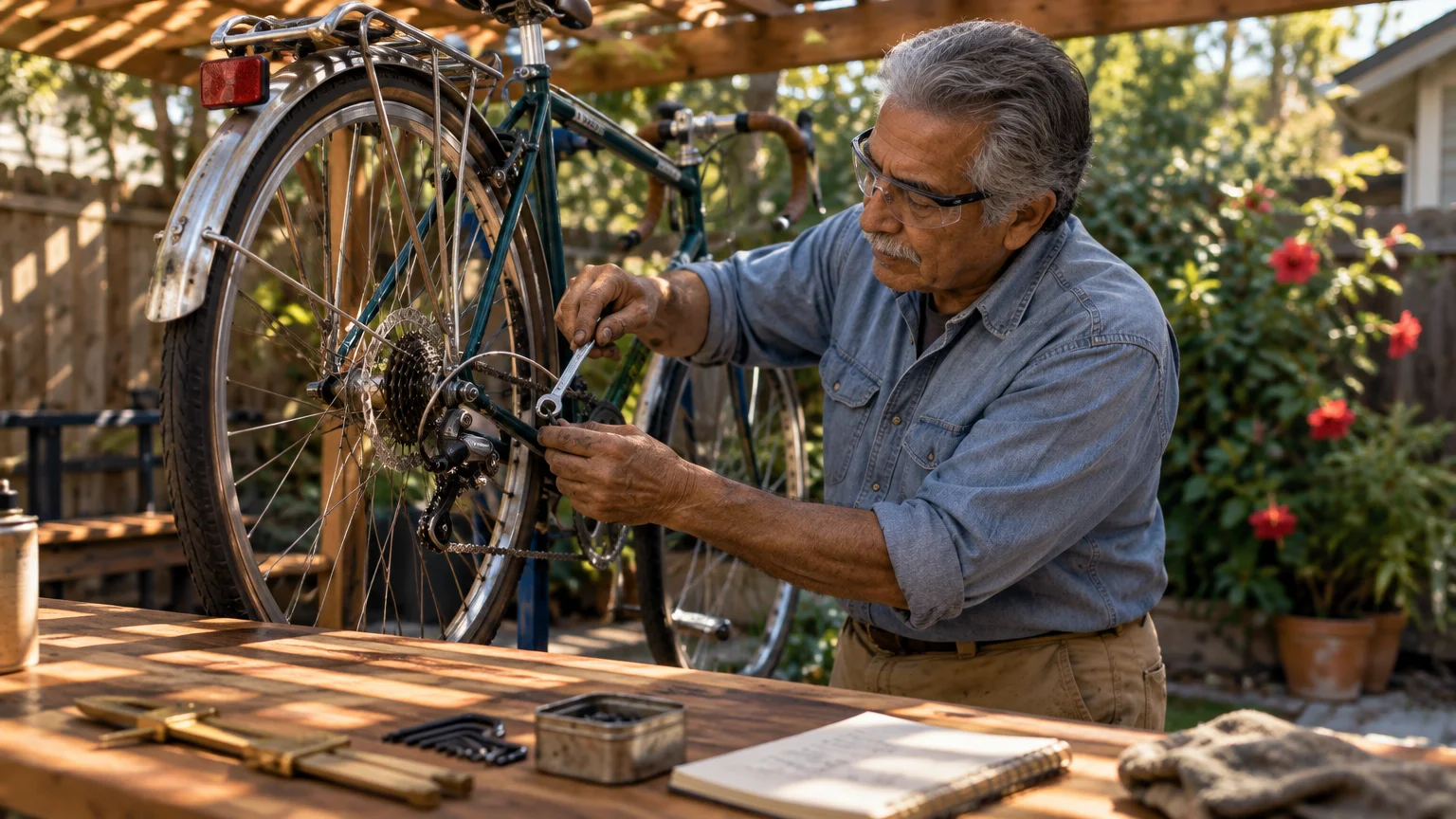 An older man wearing safety glasses repairs the rear gears of a bicycle on an outdoor workbench.