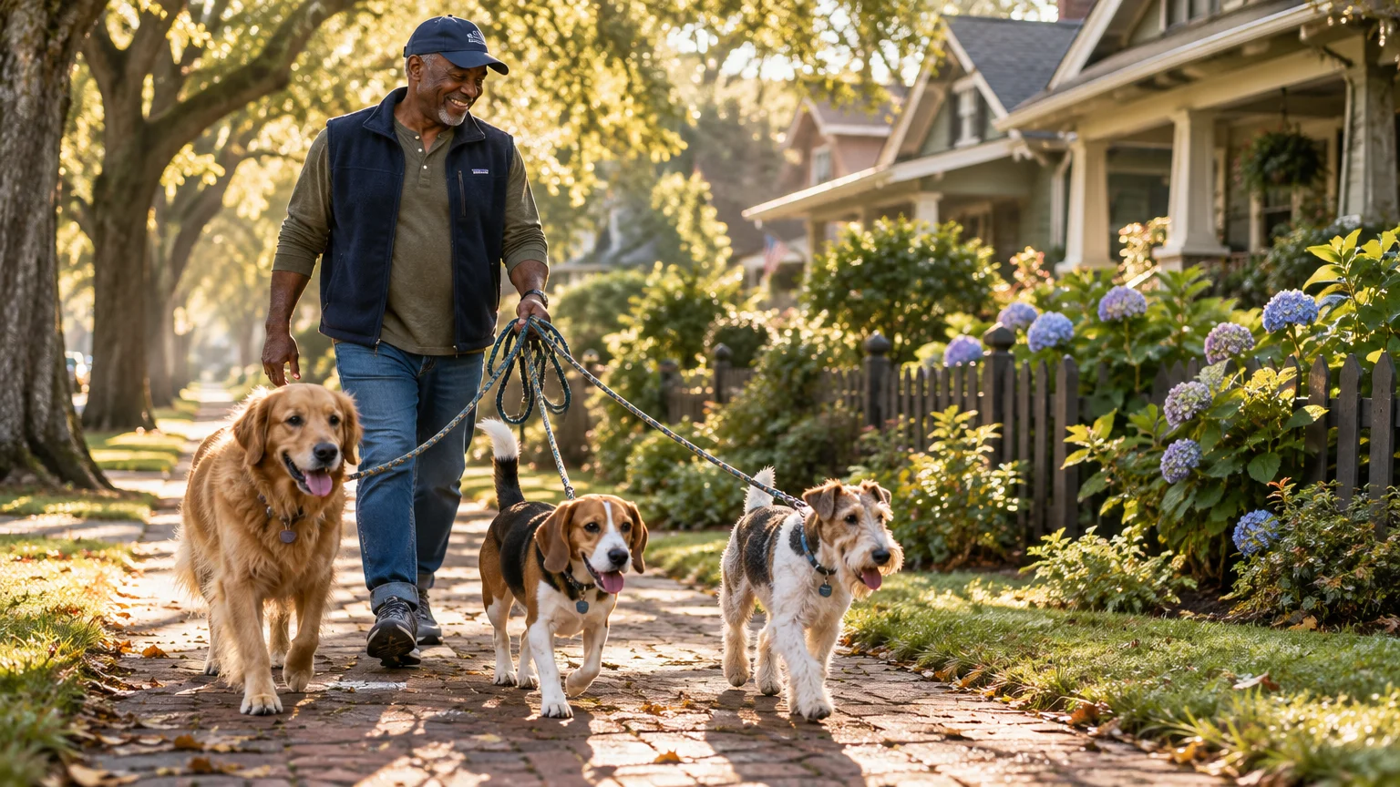A smiling man walks three leashed dogs along a sunlit brick sidewalk past houses and gardens.