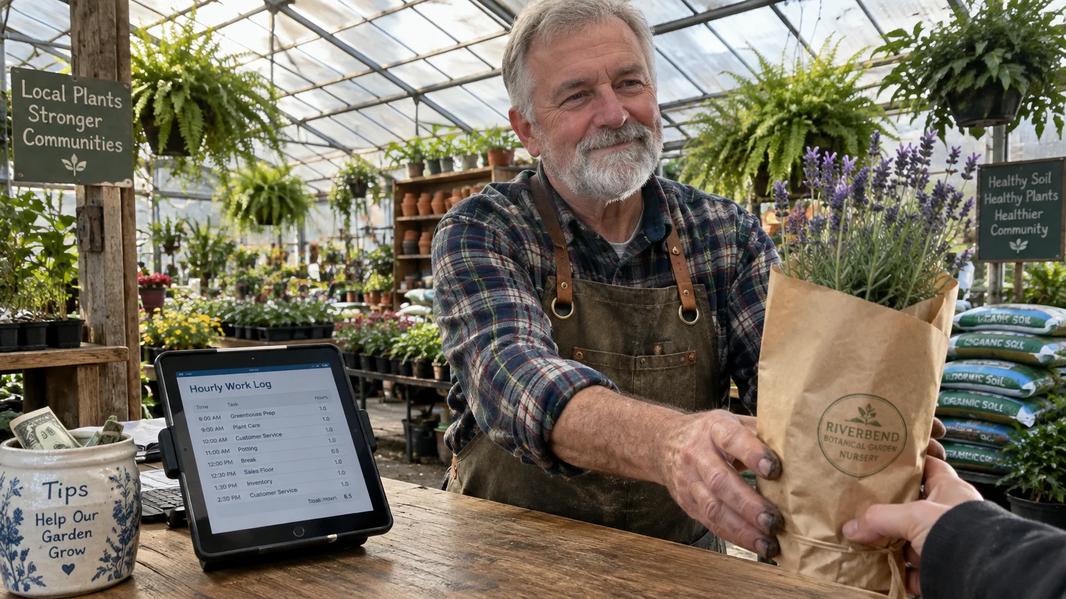 A smiling older man in an apron hands a potted lavender plant to a customer at a greenhouse checkout counter with a tip jar.