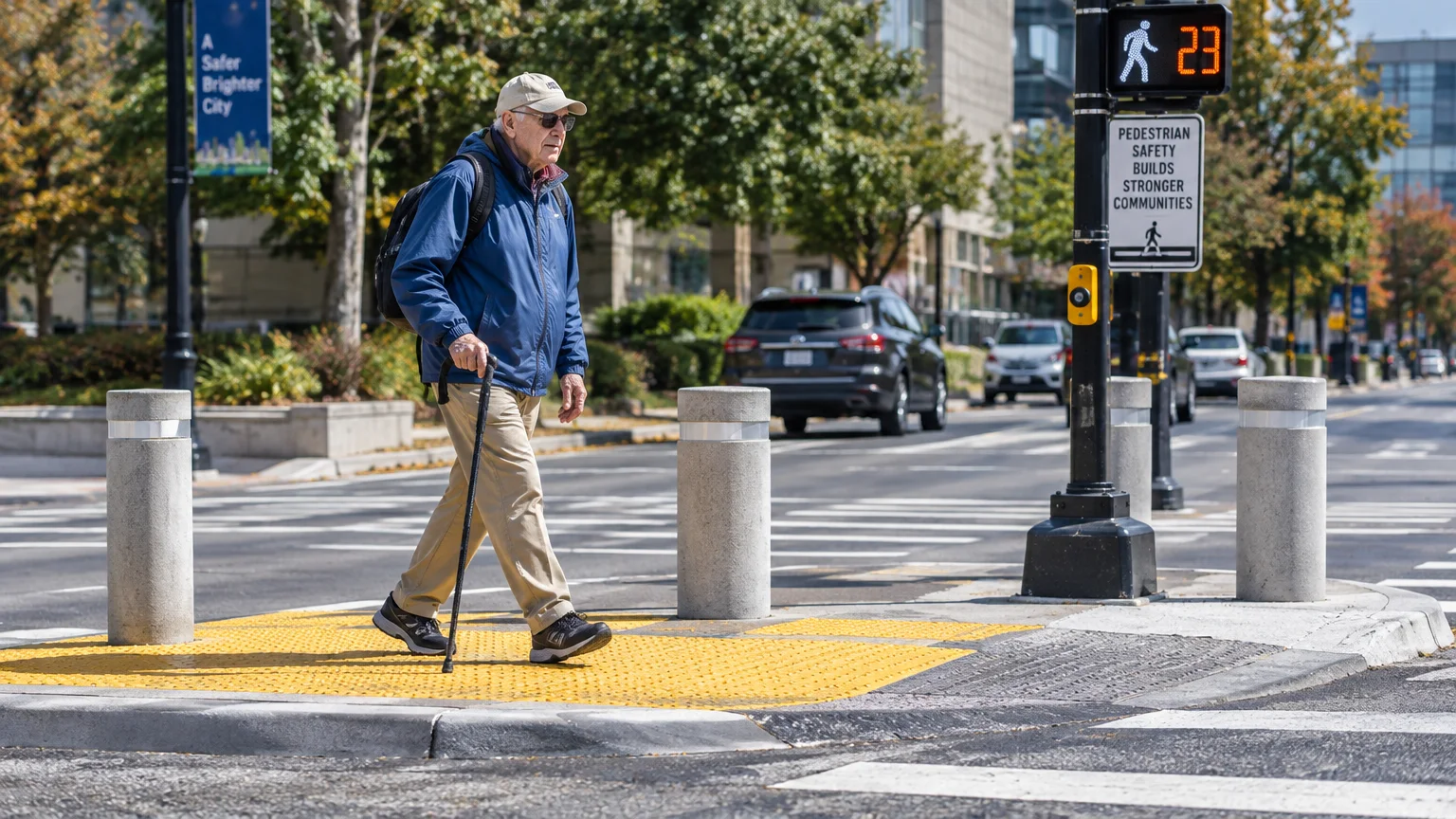 Senior man with a walking cane crosses a city street crosswalk with tactile paving next to a pedestrian signal.