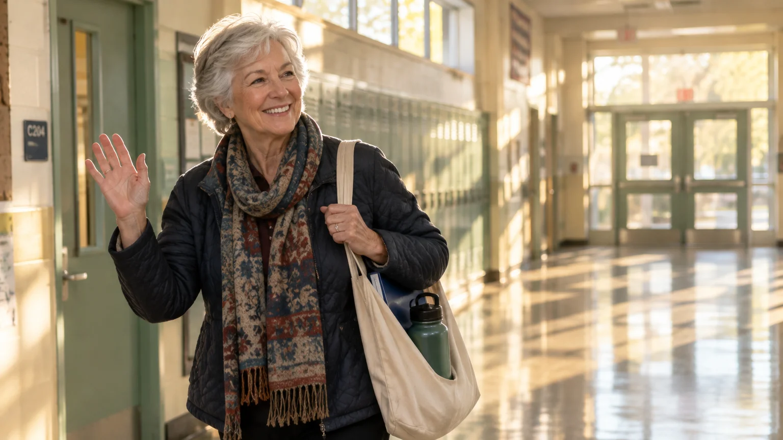 Senior woman with gray hair smiling and waving while walking down a sunlit school hallway with lockers.