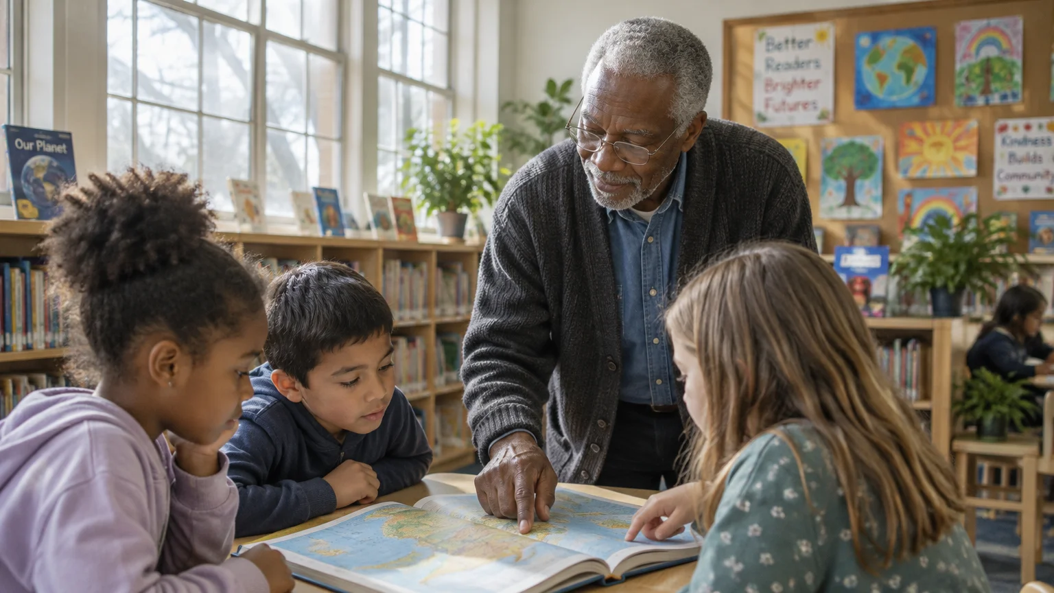 An older Black man in glasses teaches three young students gathered around an open world atlas book in a classroom.