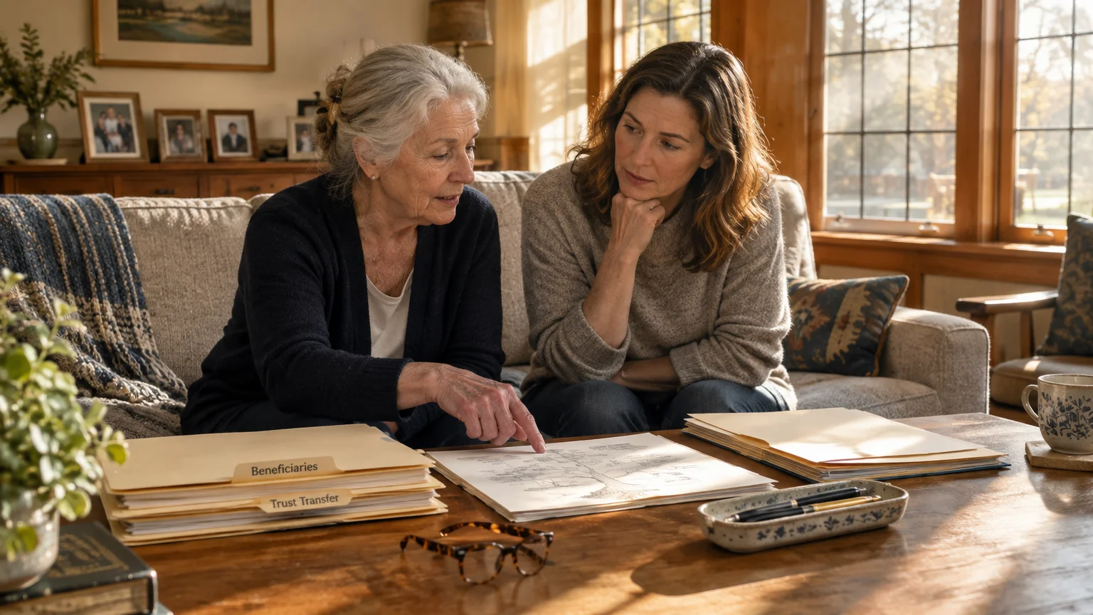 An older woman points to a family tree document while reviewing estate planning folders on a coffee table with a younger woman.