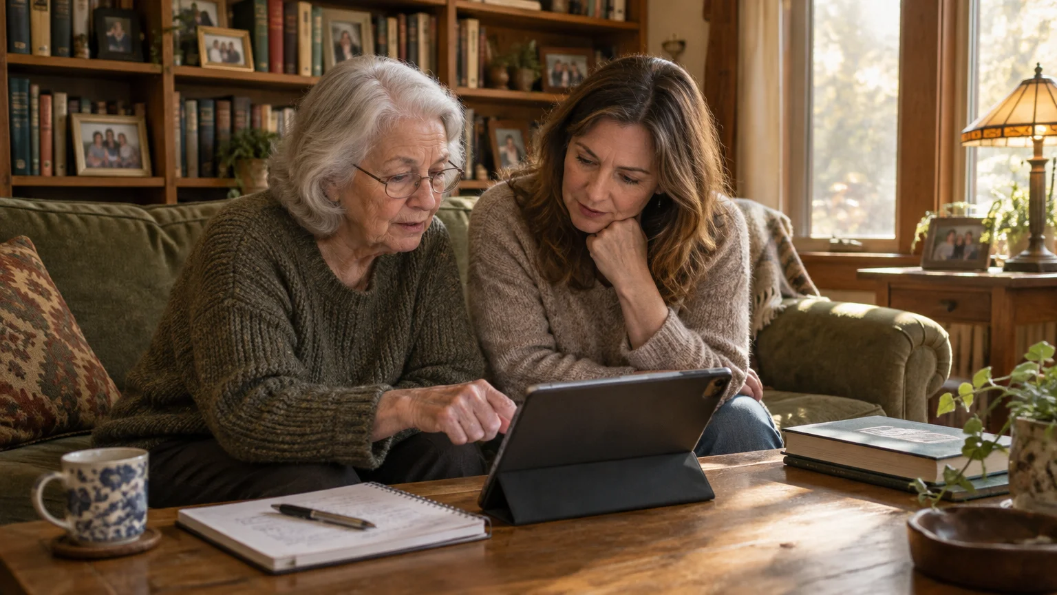 Two women sit together on a sofa, intently reviewing information displayed on a digital tablet set on the coffee table.