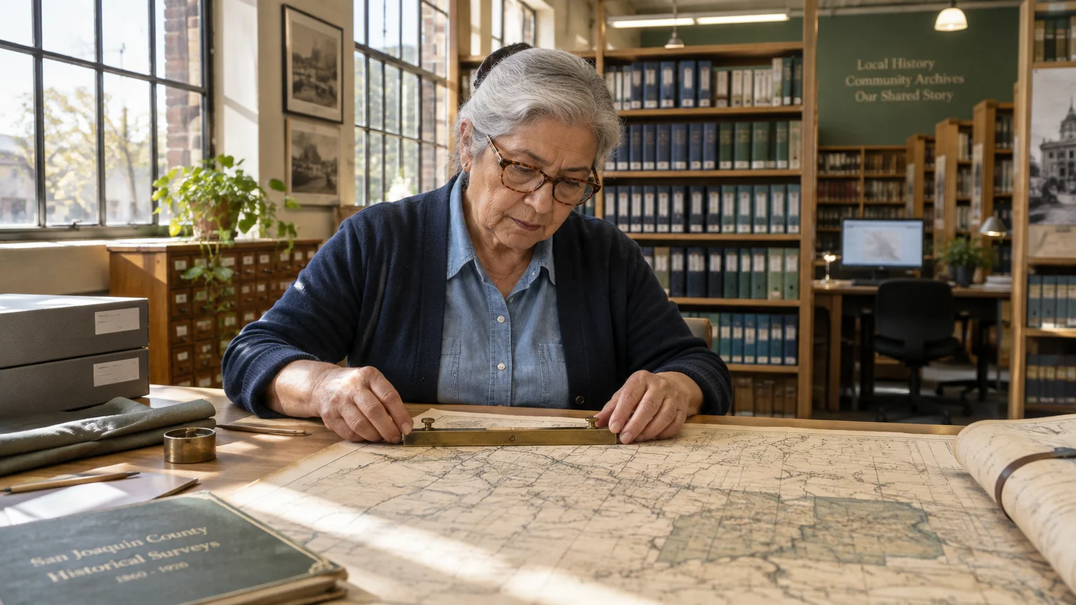 An older woman with glasses examines a large historical map on a wooden desk inside an archive library.