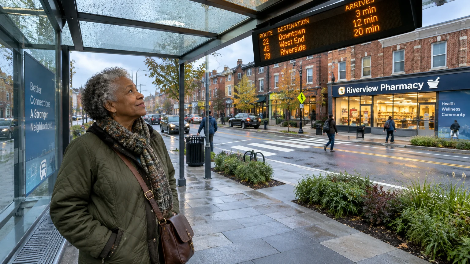 A senior woman stands under a glass bus shelter along a wet city street, looking up at an electronic transit arrival sign.