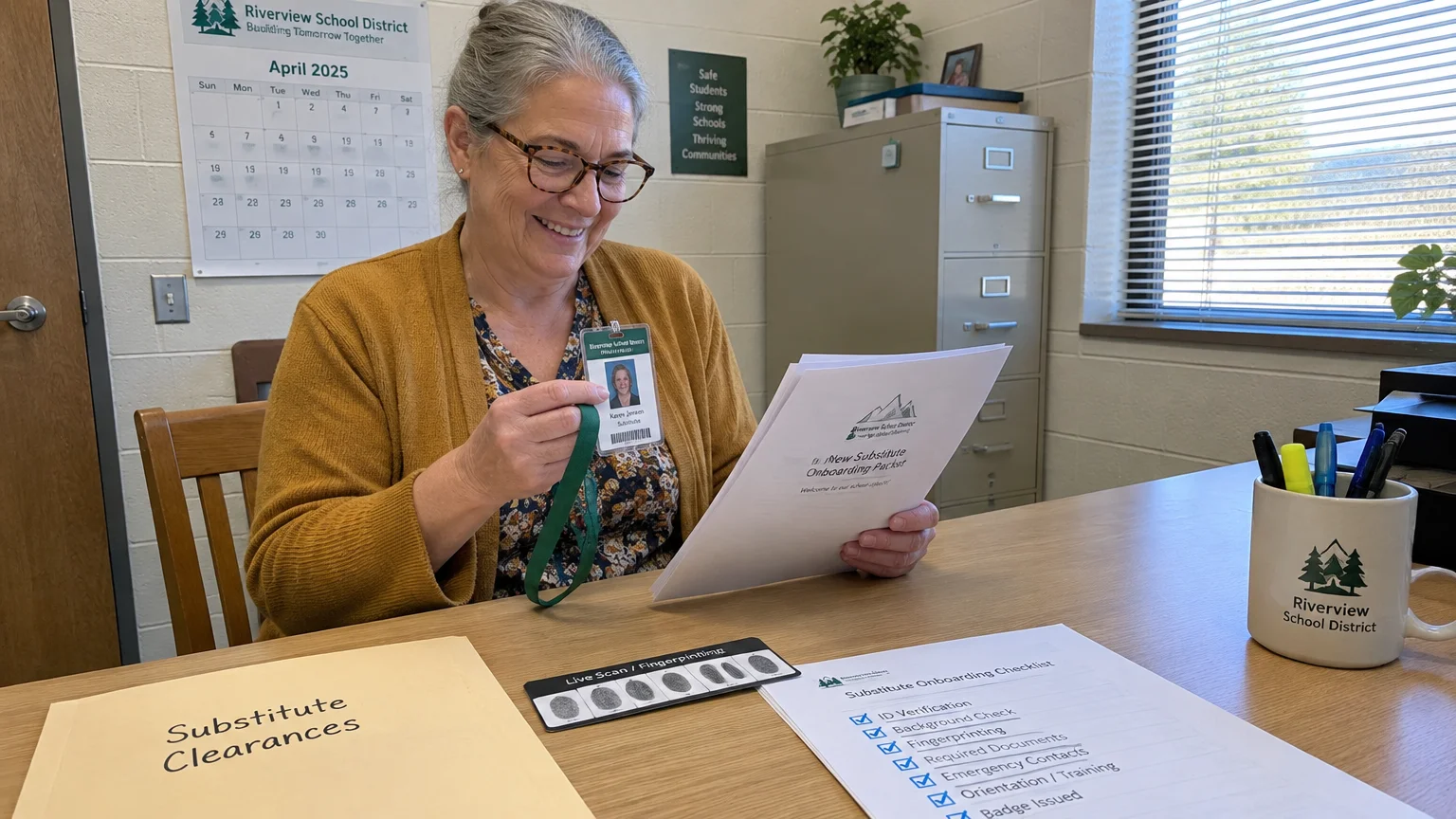 A smiling woman at a school district desk holds an ID badge and onboarding packet next to fingerprint clearances.