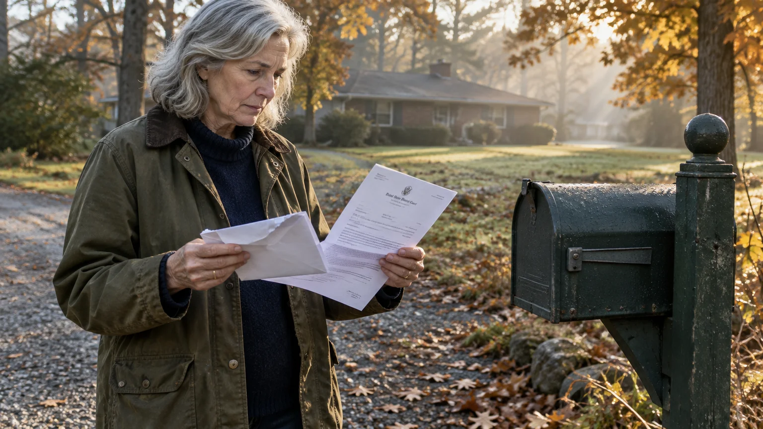 An older woman stands by a green mailbox on a driveway, reading an unfolded letter in morning light.