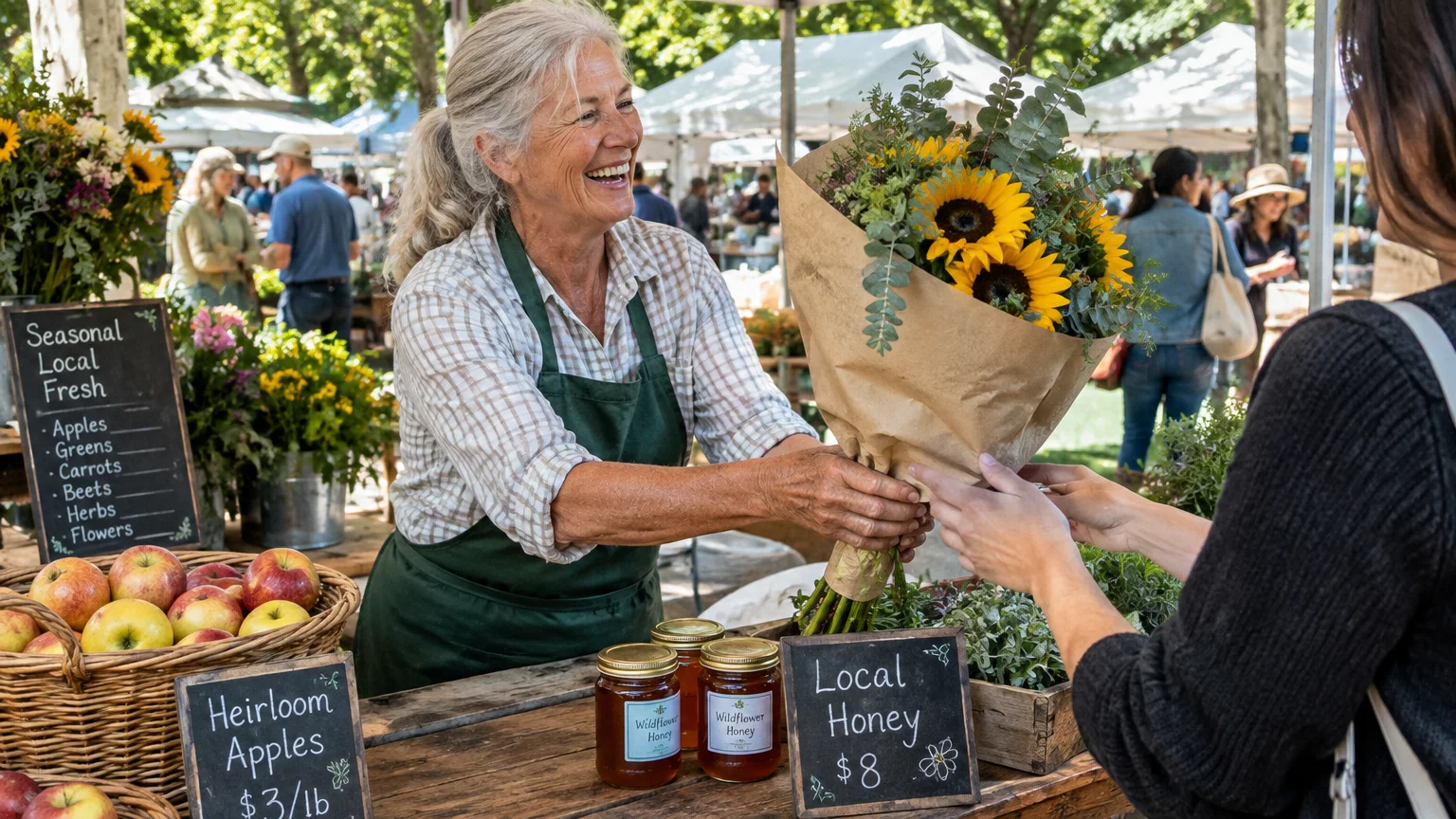 A smiling woman at an outdoor market stall hands a wrapped bouquet of sunflowers to a customer.